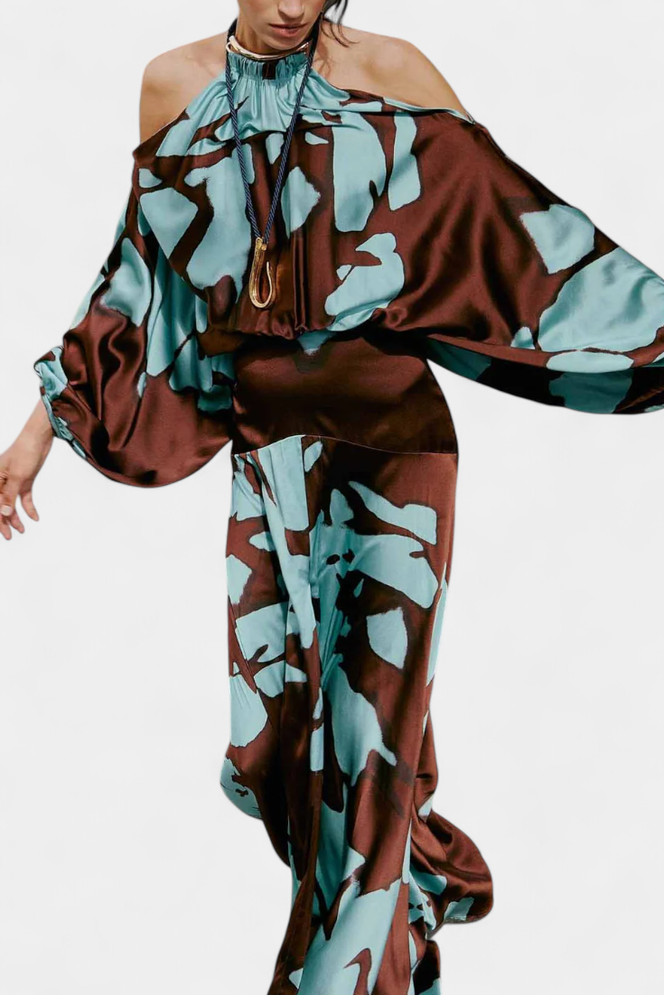 Robe Longue Monte avec Ouvertures aux Manches et Imprimé Abstrait