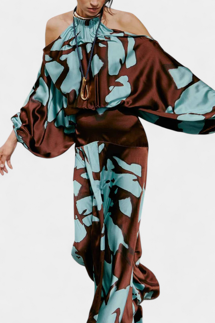 Robe Longue Monte avec Ouvertures aux Manches et Imprimé Abstrait