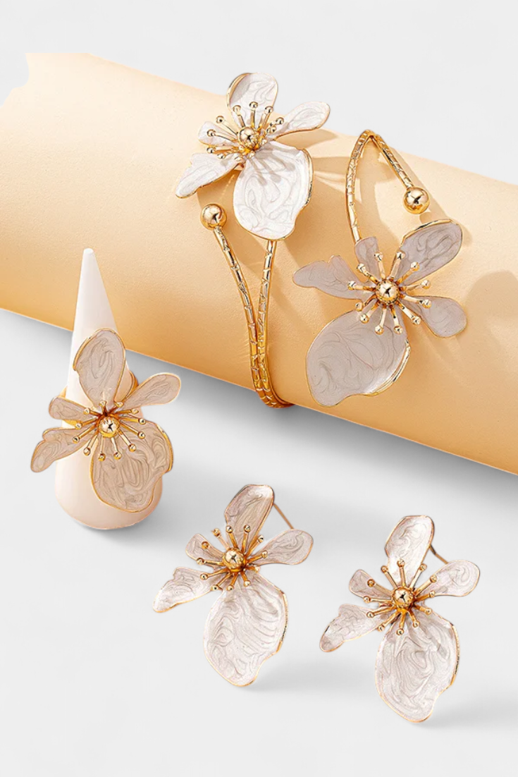 Ensemble d'Accessoires Floraux : Bracelet + Boucles d'oreilles + Bagues