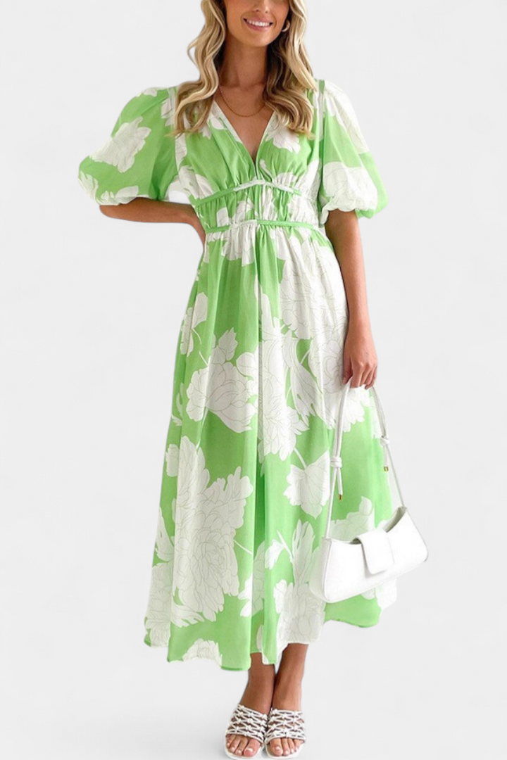 Robe Midi Fleurie Wren avec Décolleté en V et Manches Bouffantes