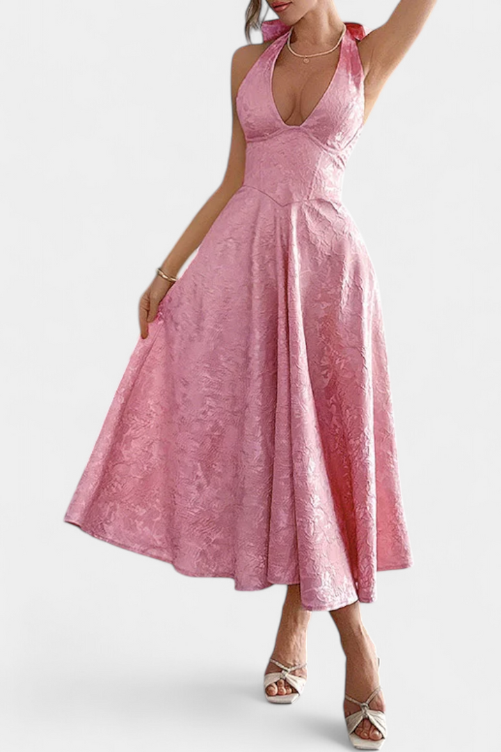 Robe Midi Jacquard Gilda avec Dos Nu et Taille Haute