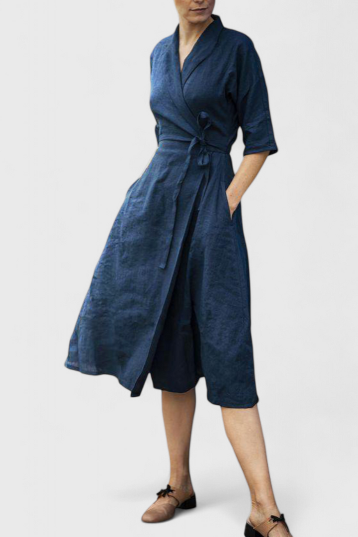 Robe Midi Vintage en Coton et Lin Sharon avec Col Revers