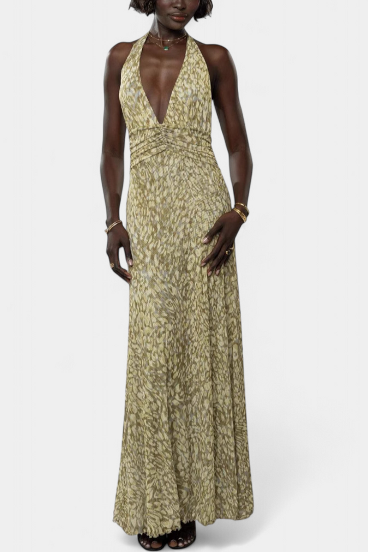 Robe Maxi à Pois Melodía avec Décolleté Halter et Taille Froncée