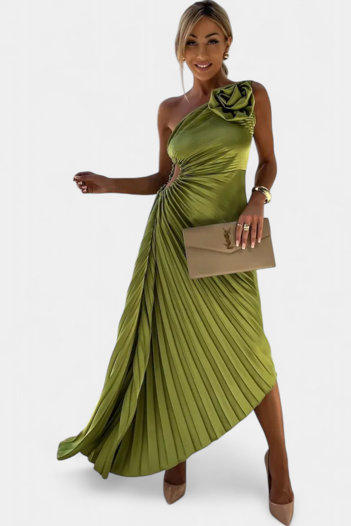Robe de Cocktail Asymétrique Leire avec Application Florale et Jupe Plissée