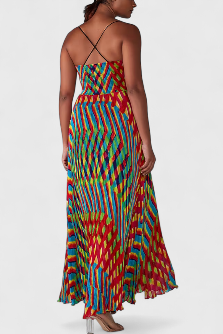 Robe Maxi Janis avec Imprimé Artistique et Décolleté Halter en Forme de Coeur
