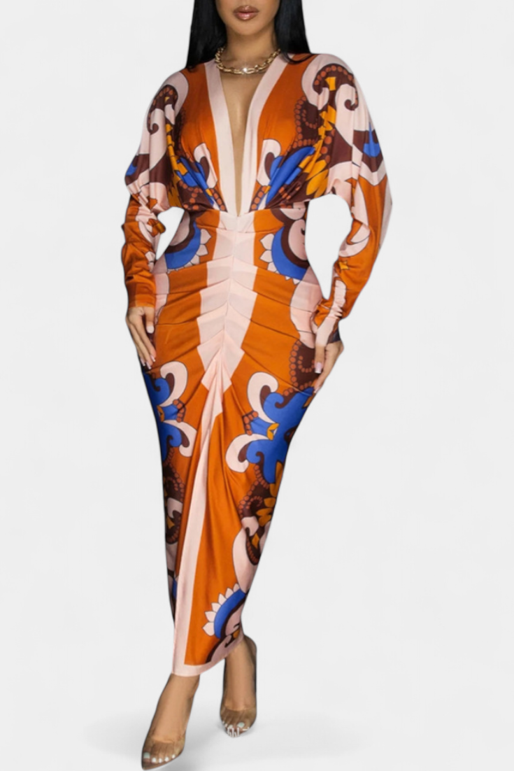 Robe Longue Diva avec Imprimé Floral, Décolleté en V et Fente Latérale