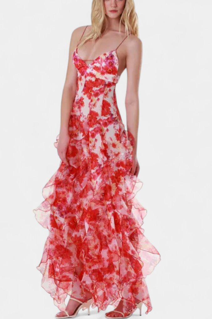 Robe Maxi Bonnie avec Volants Floraux et Découpe Latérale