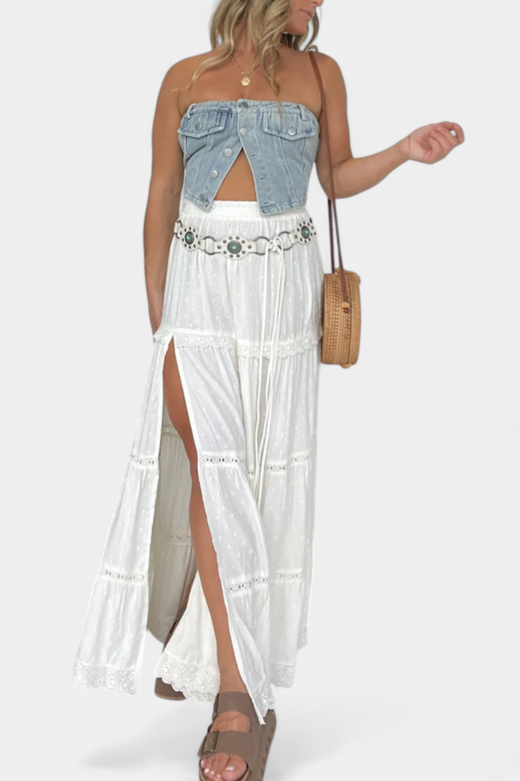 Jupe Maxi Boho Dola avec Dentelle et Fente Frontal