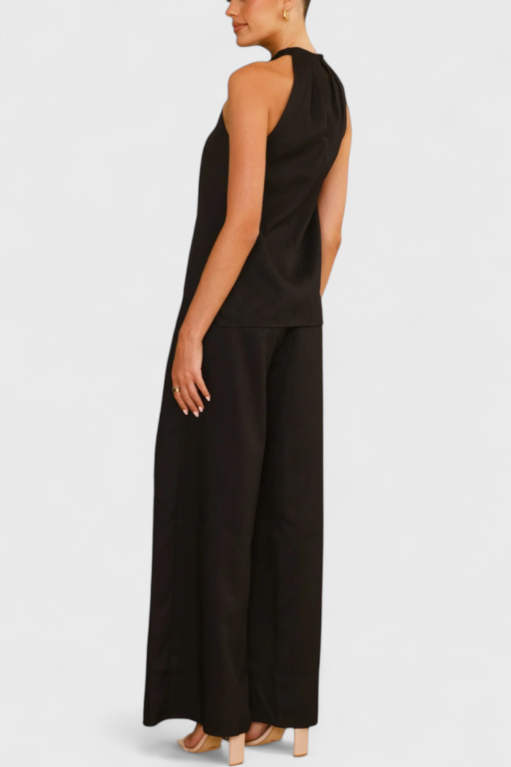 Ensemble Bernadina en Lin avec Top à Ouverture Frontale et Pantalon à Jambes Amples