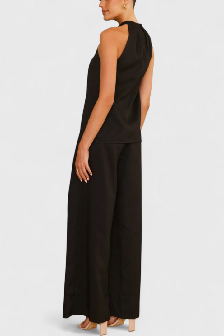 Ensemble Bernadina en Lin avec Top à Ouverture Frontale et Pantalon à Jambes Amples
