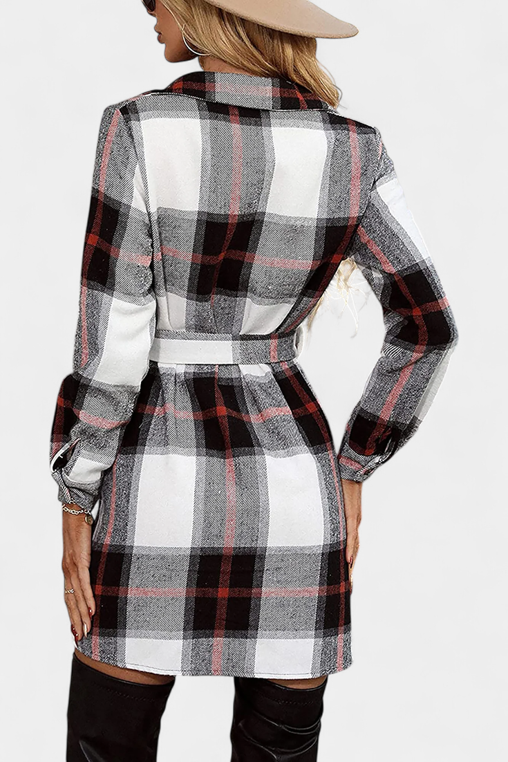 Robe Chemise Mini à Carreaux avec Ceinture