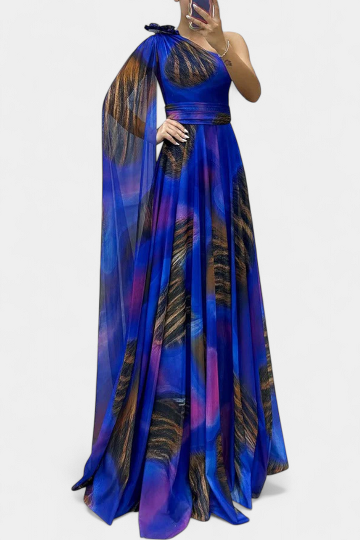 Robe Longue Cedara à Une Épaule avec Détail Floral