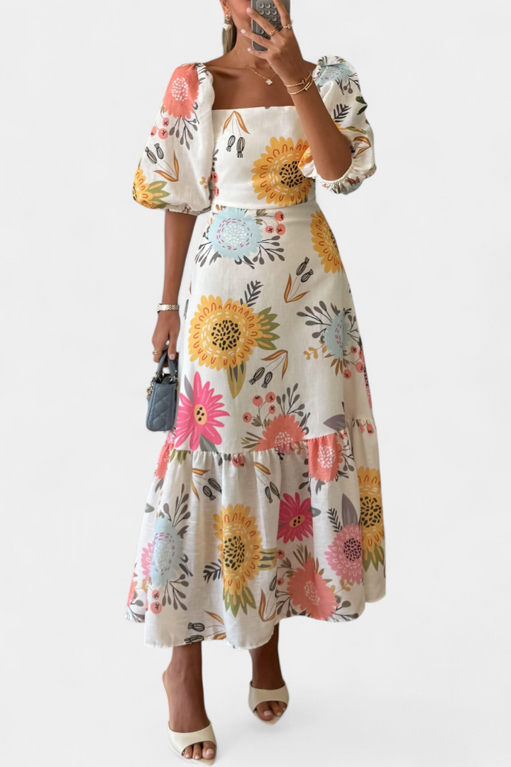 Robe Midi en Coton Kacey avec Imprimé Floral et Manches Bouffantes