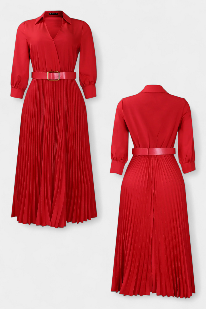 Robe Midi Michelle avec Col Tailleur et Ceinture Plissée