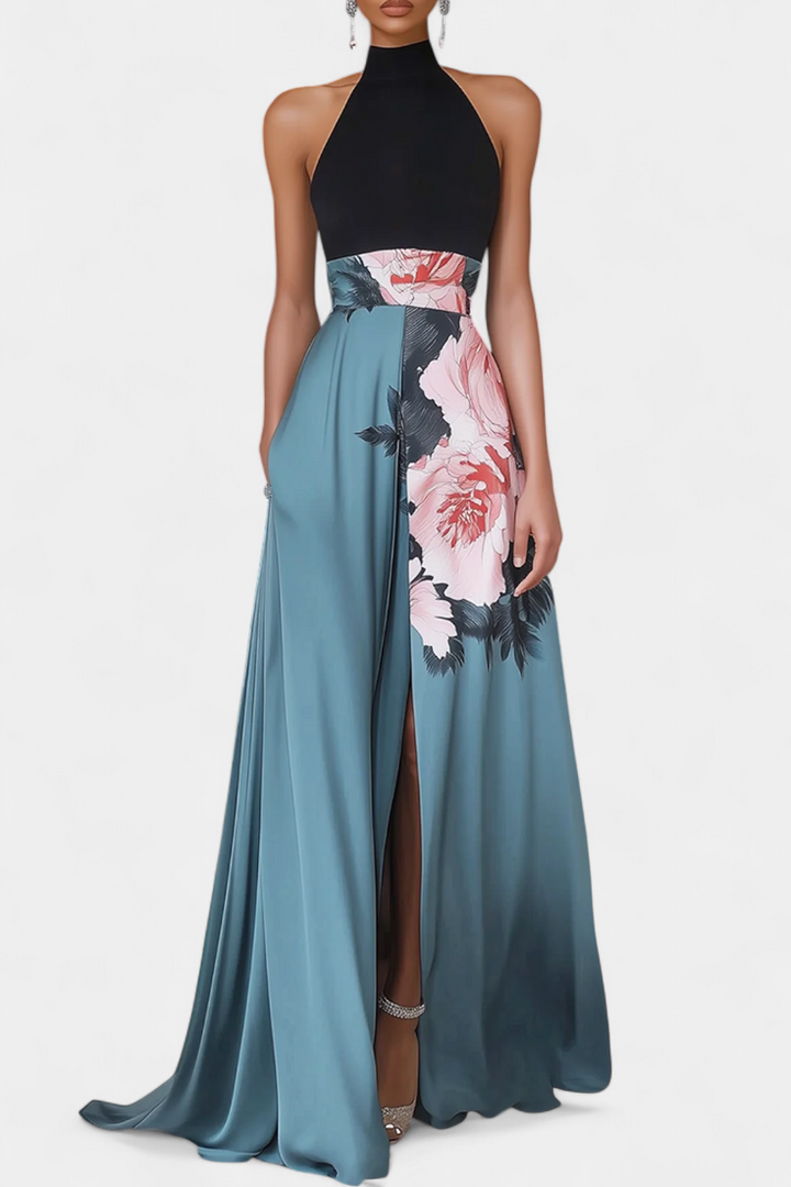 Radmila Robe A-Line avec Corps Noir et Jupe Florale en Contraste