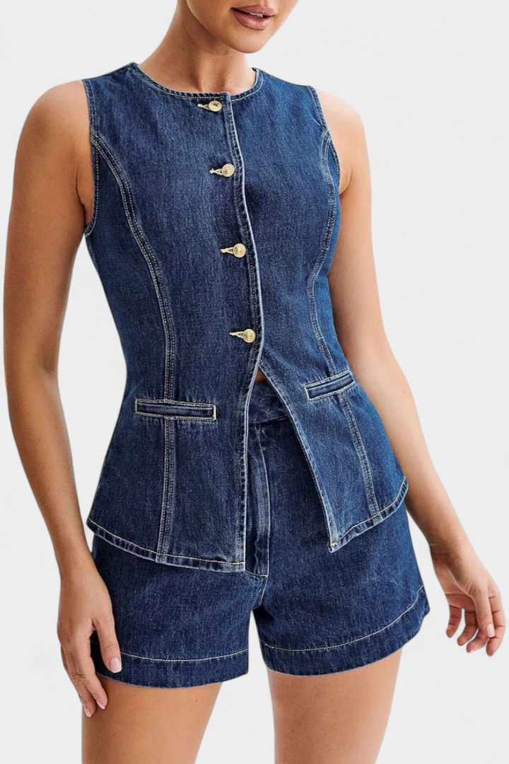 Ensemble Raya : Gilet en Denim Sans Manches et Shorts Taille Haute