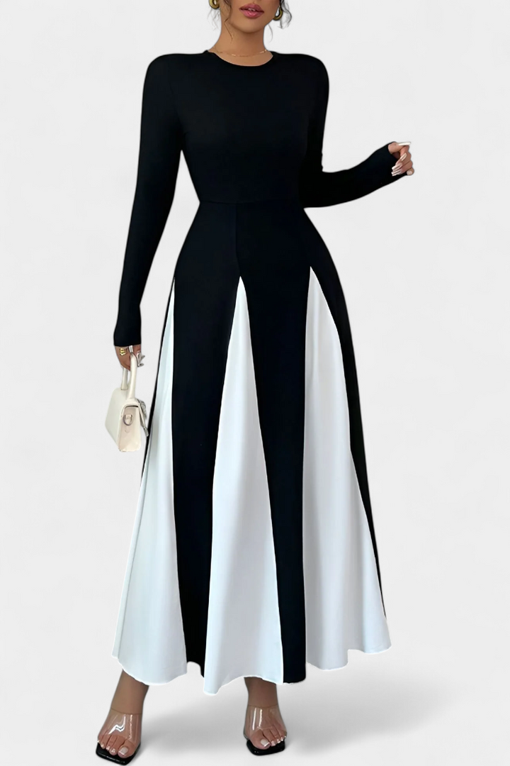 Veronique Robe Maxi à Manches Longues en Contraste de Couleur