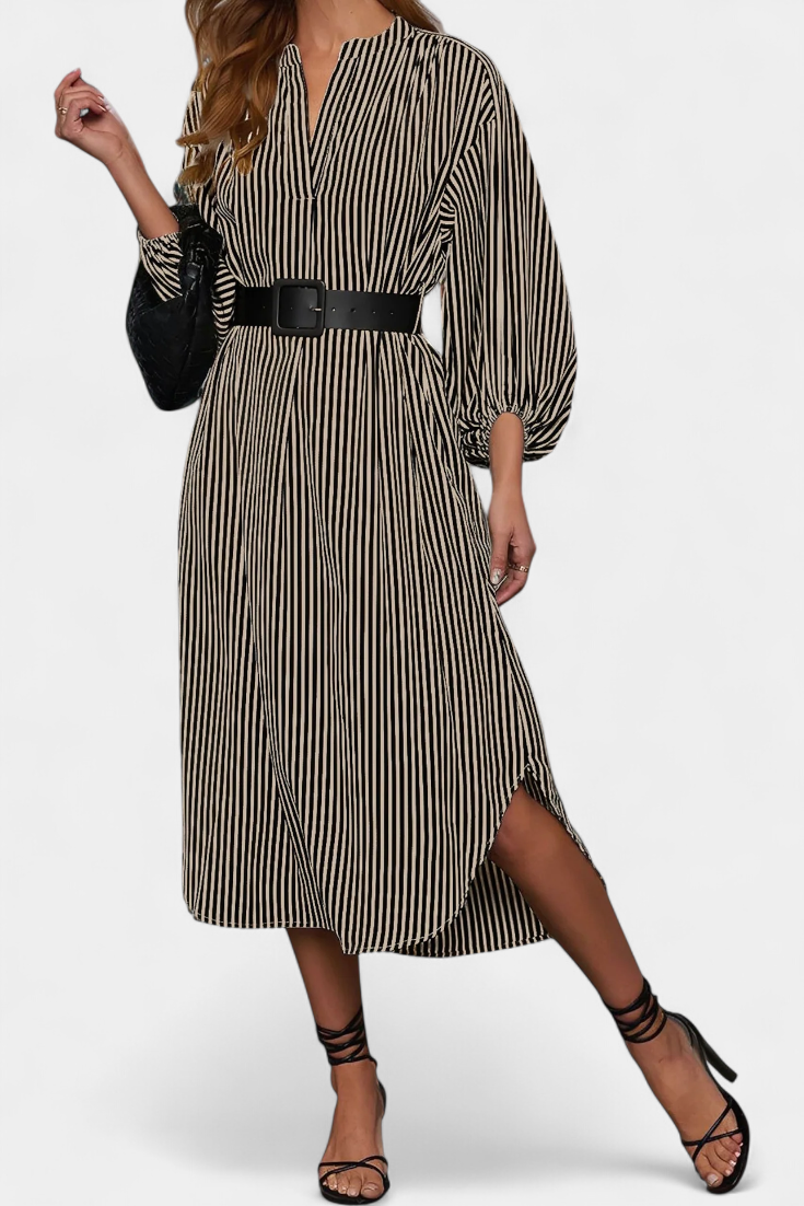 Eliana Robe Rayée avec Ceinture et Col en V