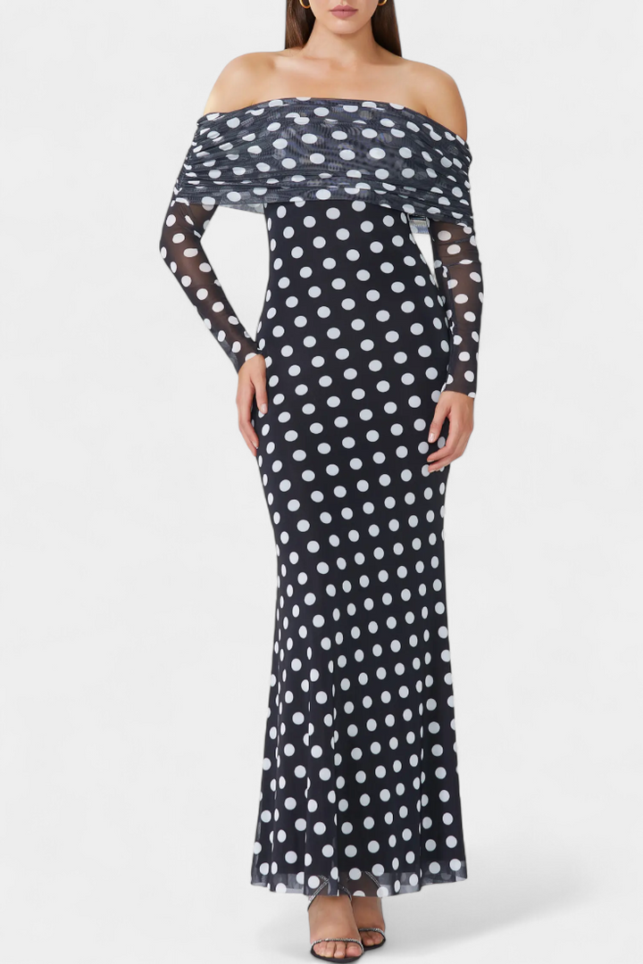 Elinda Robe Longue Off-Shoulder à Pois
