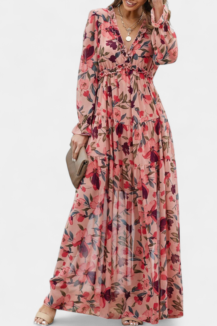Robe Maxi Fleurie Keti avec Manches Longues et Volants Délicats