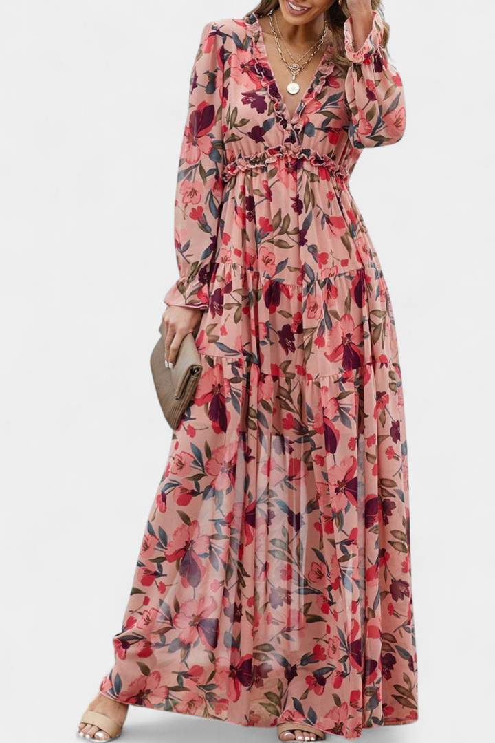 Robe Maxi Fleurie Keti avec Manches Longues et Volants Délicats