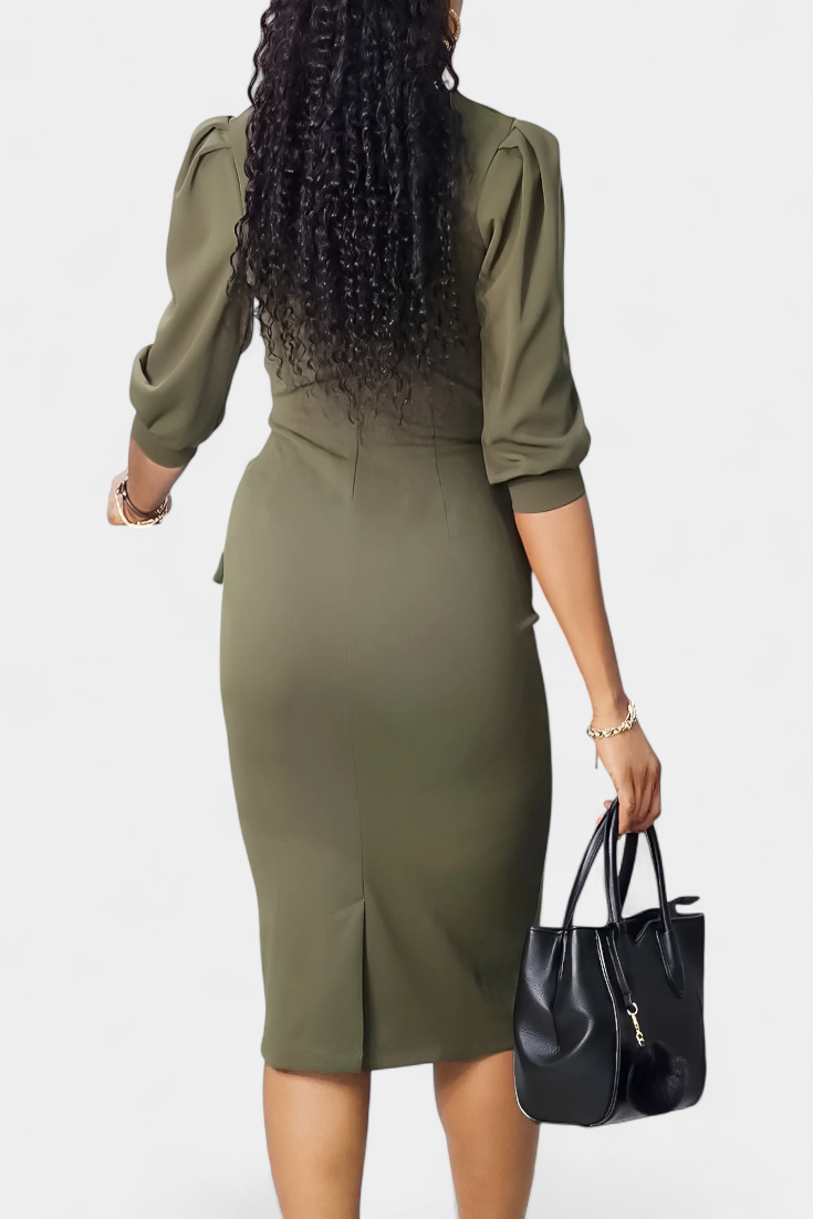 Reanna Robe Midi Ajustée avec Manches Bouffantes