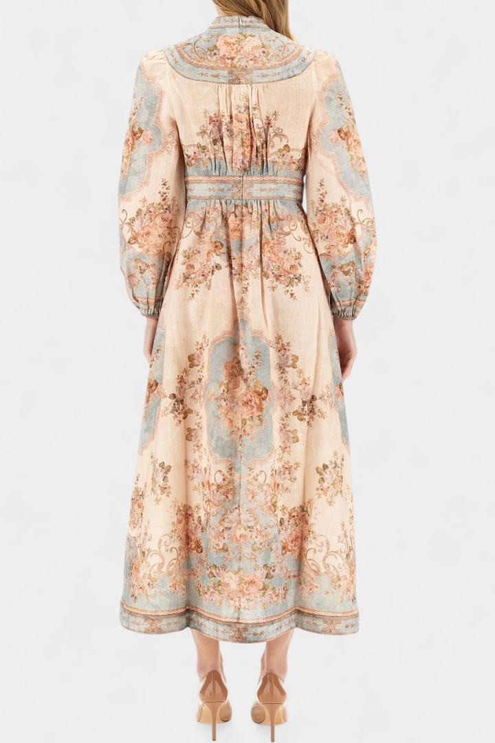 Dorotila Robe Maxi Évasée avec Imprimé Floral, Boutons et Manches Bouffantes