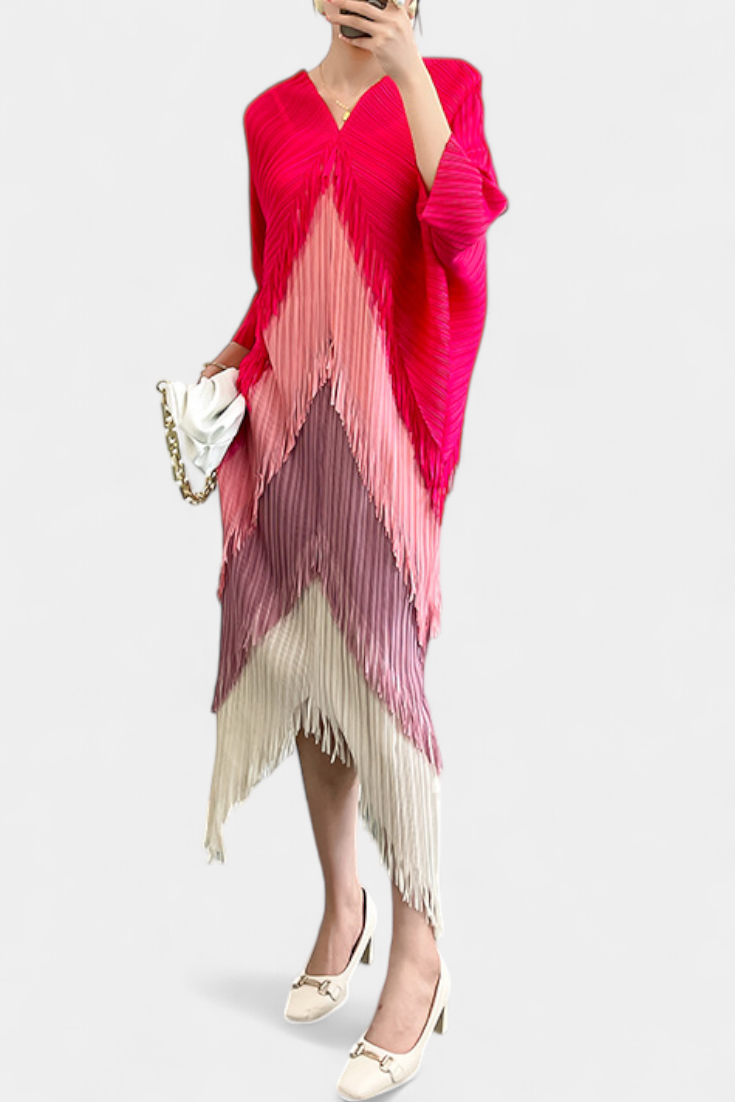 Andalousie Robe avec Franges et Blocs de Couleurs Contrastants