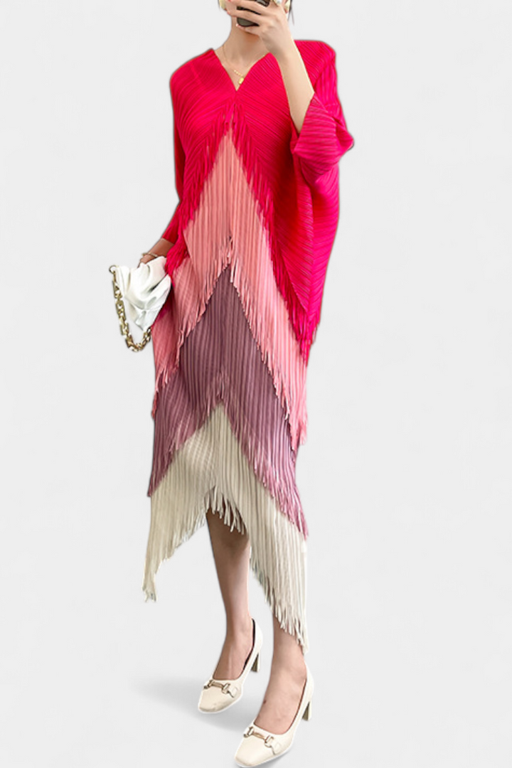 Andalousie Robe avec Franges et Blocs de Couleurs Contrastants