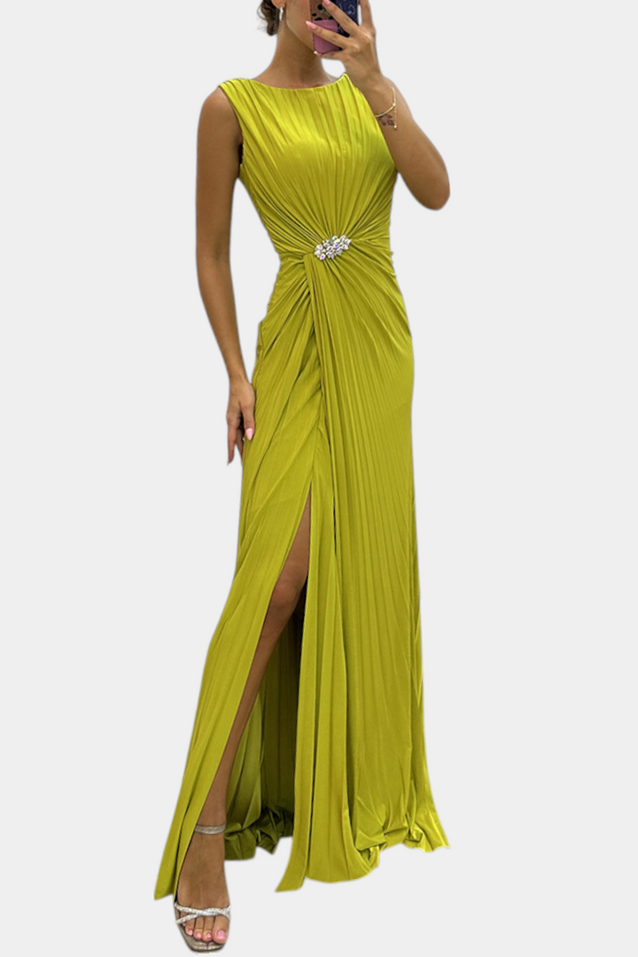 Robe Maxi Plissée Shiloh avec Fente Latérale et Décolleté Croisé