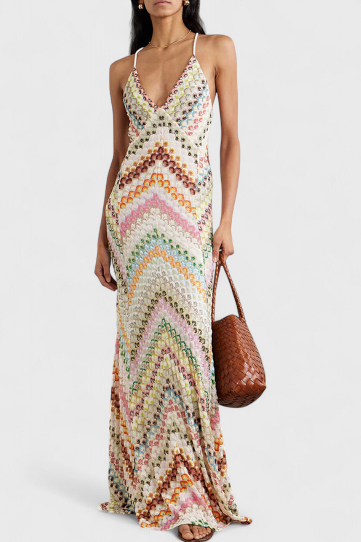 Robe Longue en Dentelle Agustina avec Décolleté en V et Motif Zigzag