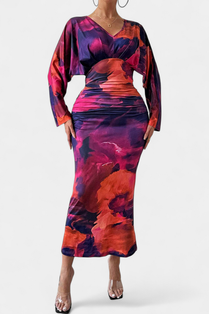 Eulalie Robe avec Manches Chauve-Souris et Col en V