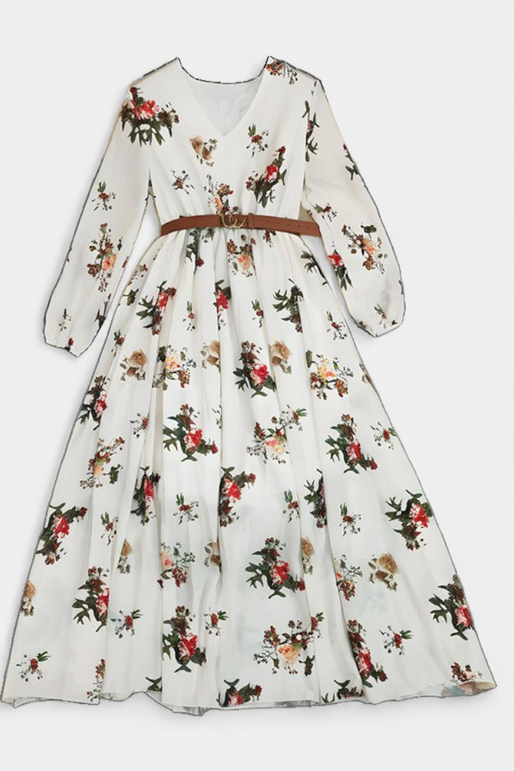 Robe Maxi Florale Amanda avec Col en V et Manches Longues