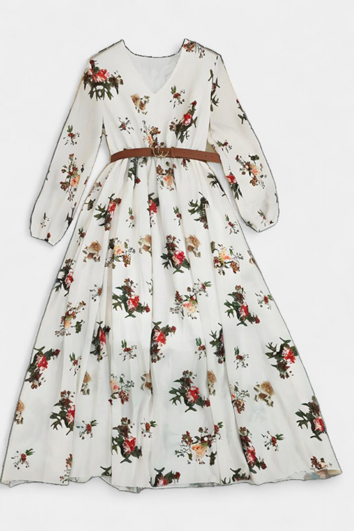 Robe Maxi Florale Amanda avec Col en V et Manches Longues