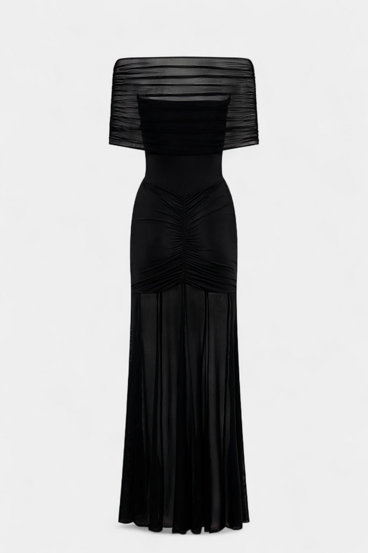 Robe Maxi Alodia à Épaules avec Cape en Maille