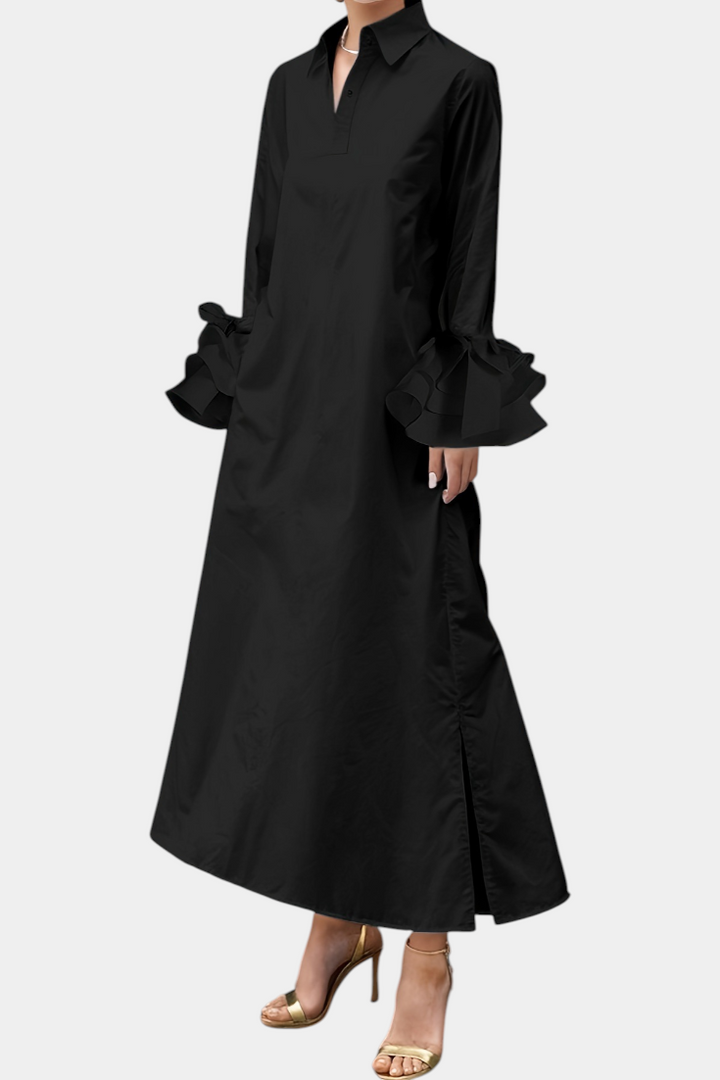 Ramona Robe Longue Urbaine avec Col Chemise et Manches Volantes
