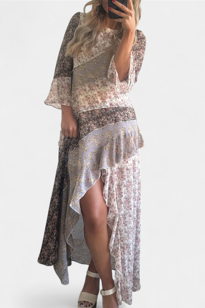 Ruth Robe Longue Florale avec Manches 3/4 et Volants
