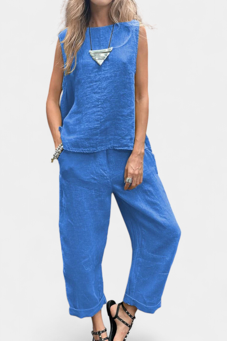 Leona Ensemble de Gilet et Pantalon Sans Manches en Coton Lin