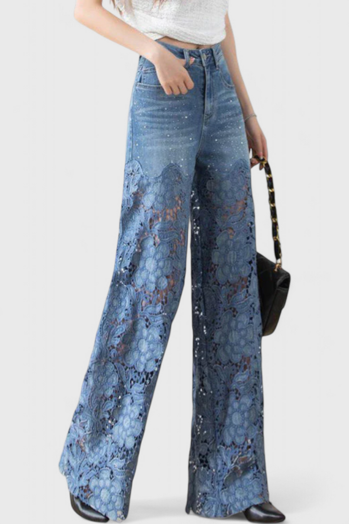 Pantalon Palazzo en Denim avec Broderie Florale Jasiel