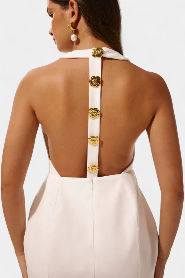 Yvonne Robe Mini Décolleté Halter avec Dos Nu et Détail Floral