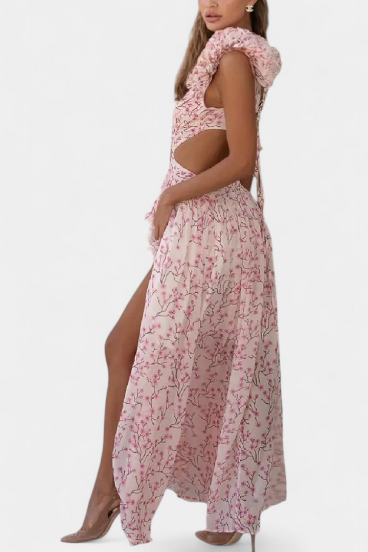 Robe Zuleika en Chiffon avec Volants et Ouvertures Latérales