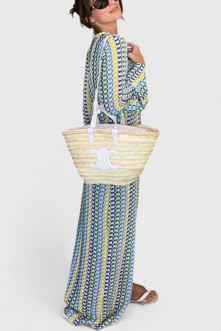 Robe Longue Crisanta Imprimée avec des Ondes Multicolores et Manches Longues