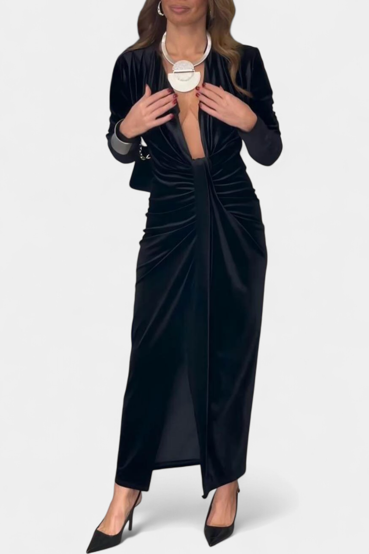 LaVerna Robe Longue en Velours Doré avec Col en V