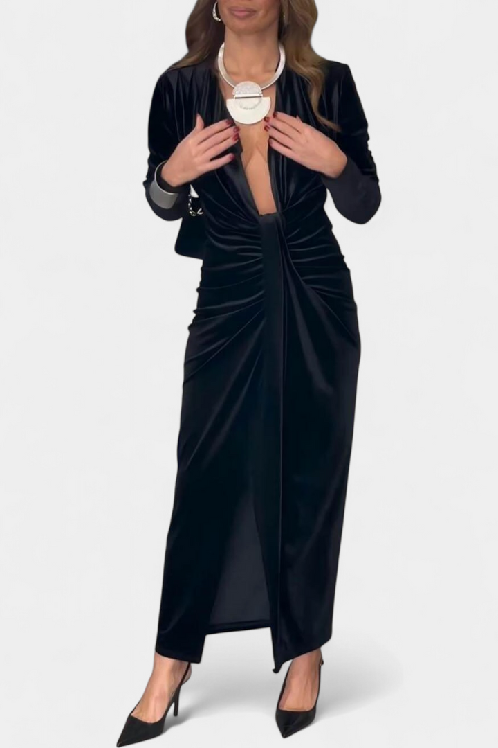 LaVerna Robe Longue en Velours Doré avec Col en V