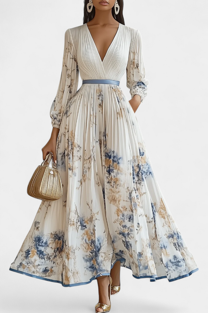 Robe Longue en Mousseline Plissée Phaedra avec Manches Bouffantes