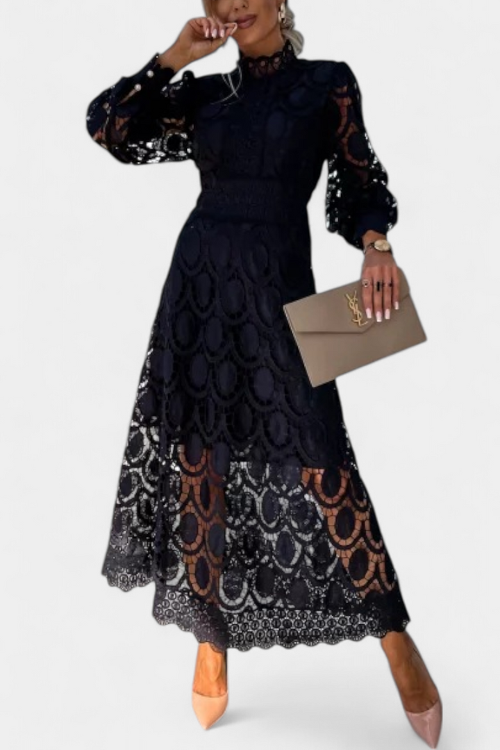 Robe Midi en Dentelle Lucinda avec Manches Bouffantes et Col Montant