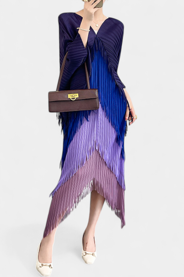 Andalousie Robe avec Franges et Blocs de Couleurs Contrastants