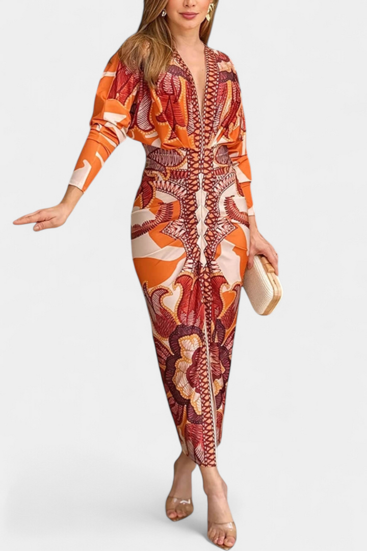 Robe Longue Diva avec Imprimé Floral, Décolleté en V et Fente Latérale