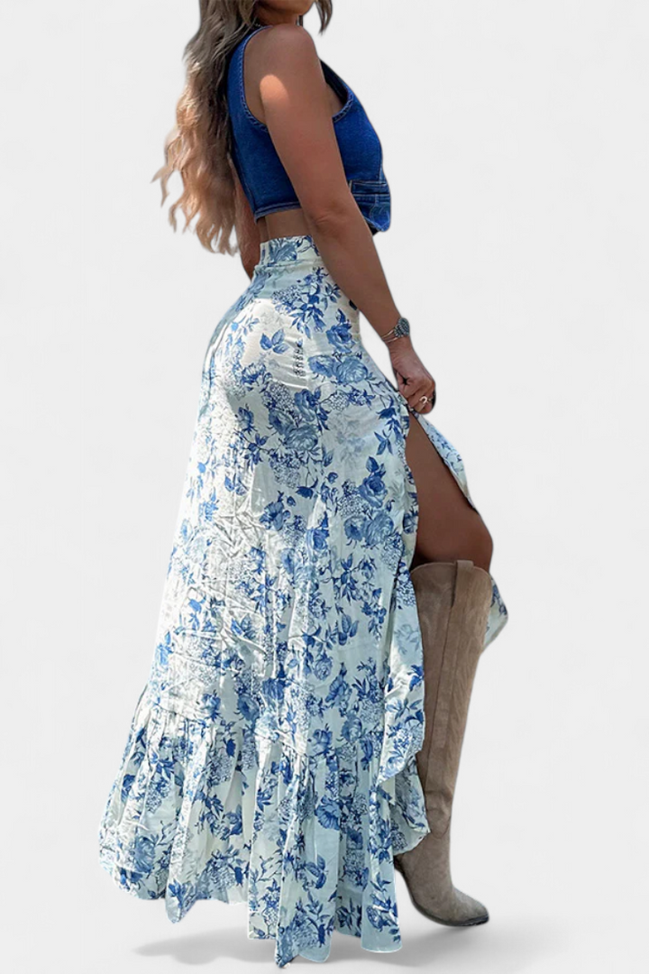 Jupe Maxi Florale Kala avec Fente et Volants