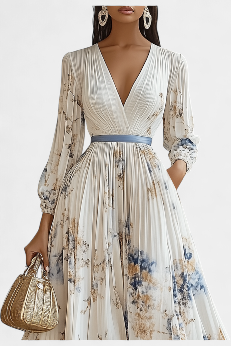 Robe Longue en Mousseline Plissée Phaedra avec Manches Bouffantes